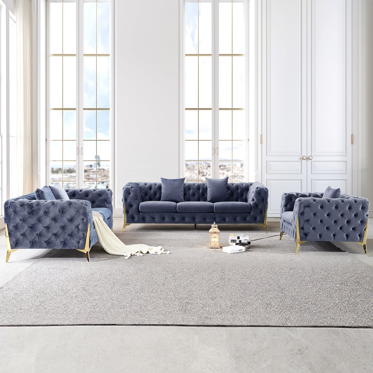 8001 Luxury Armchair, Loveseat, and Sofa Set with Metal Legs