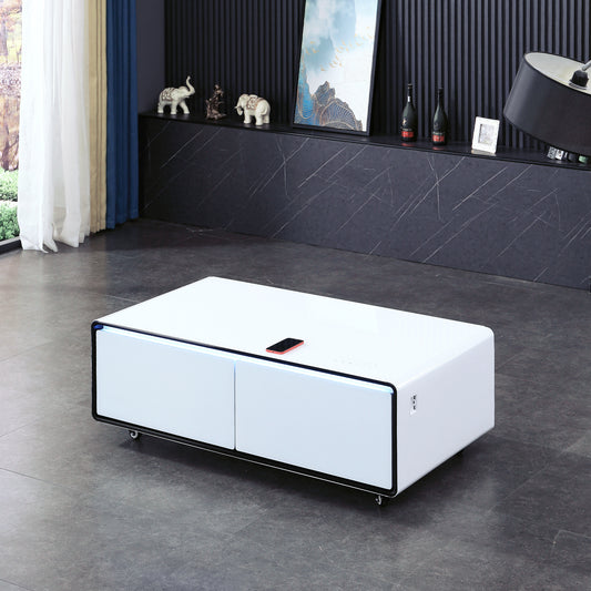 CT50 Modern Coffee Table with Fridge Drawers & Wireless Charging – Bluetooth Speaker, Wheels, and Versatile Storage