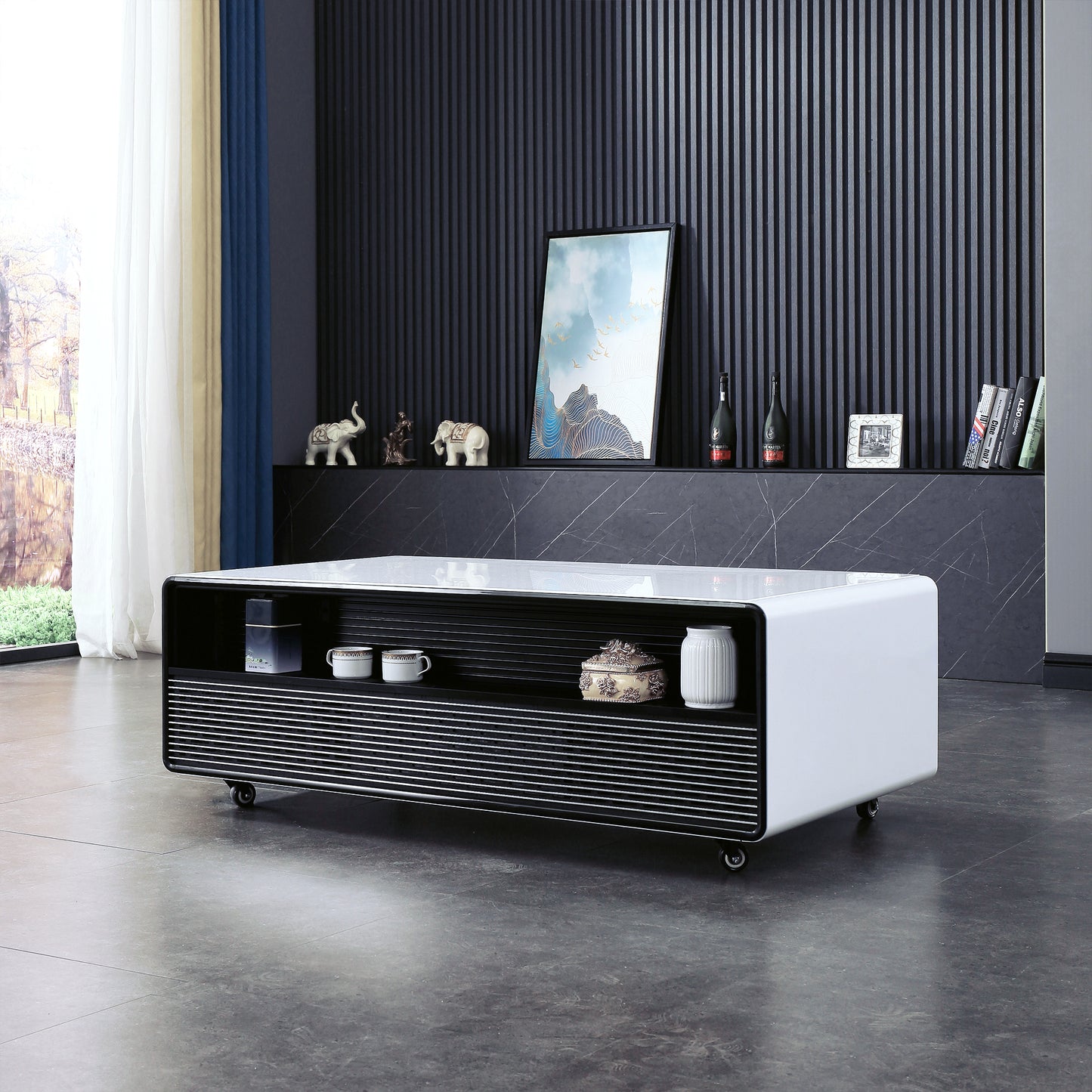 CT50 Modern Coffee Table with Fridge Drawers & Wireless Charging – Bluetooth Speaker, Wheels, and Versatile Storage