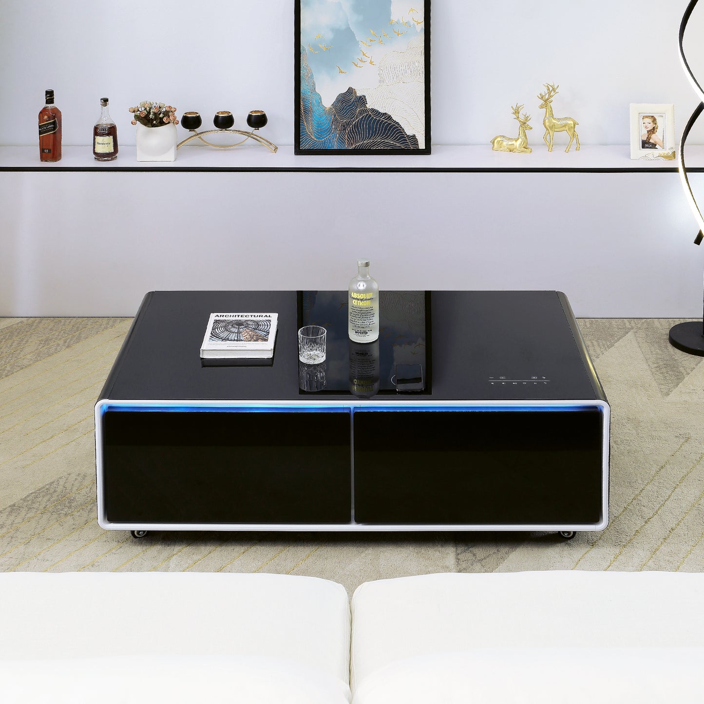 CT50 Modern Coffee Table with Fridge Drawers & Wireless Charging – Bluetooth Speaker, Wheels, and Versatile Storage