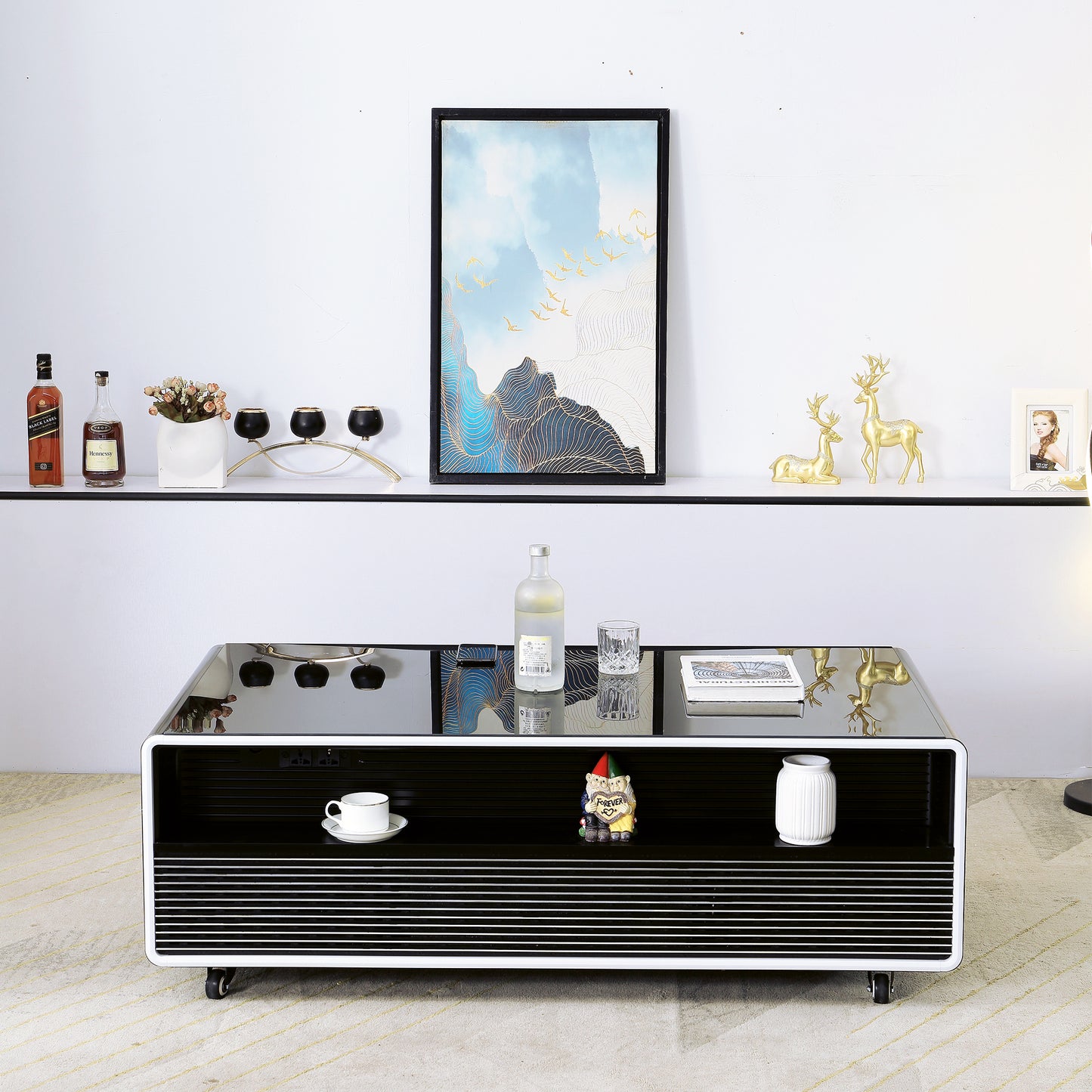 CT50 Modern Coffee Table with Fridge Drawers & Wireless Charging – Bluetooth Speaker, Wheels, and Versatile Storage