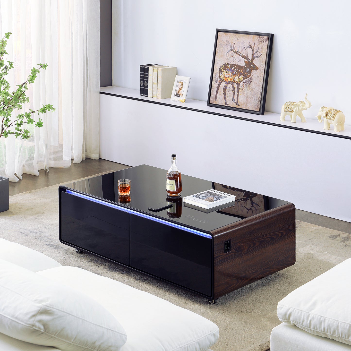 CT50 Modern Coffee Table with Fridge Drawers & Wireless Charging – Bluetooth Speaker, Wheels, and Versatile Storage