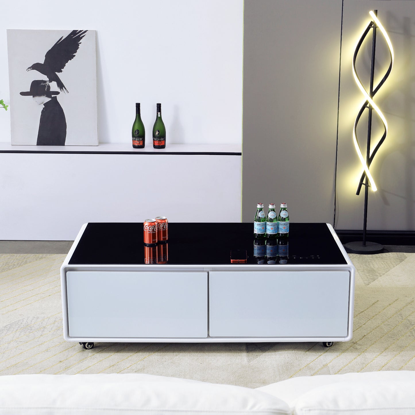 CT50 Modern Coffee Table with Fridge Drawers & Wireless Charging – Bluetooth Speaker, Wheels, and Versatile Storage