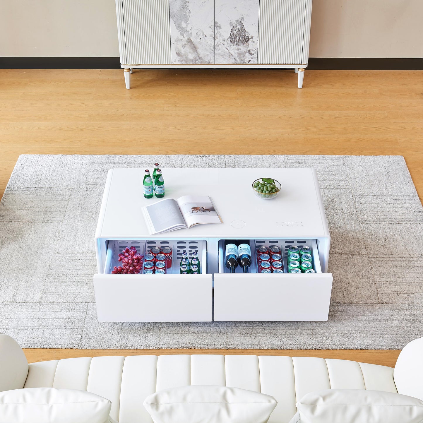 CT50 Modern Coffee Table with Fridge Drawers & Wireless Charging – Bluetooth Speaker, Wheels, and Versatile Storage