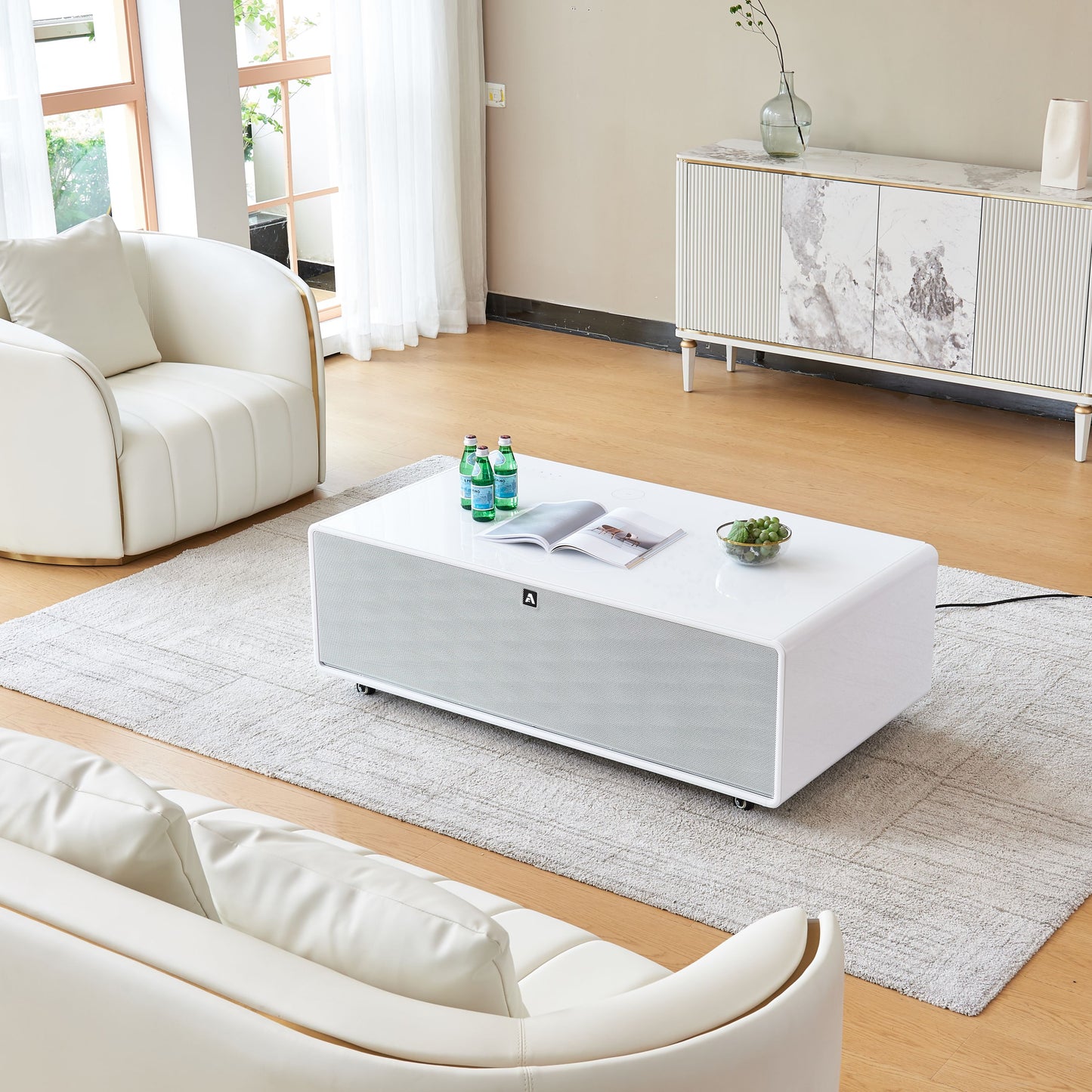 CT50 Modern Coffee Table with Fridge Drawers & Wireless Charging – Bluetooth Speaker, Wheels, and Versatile Storage