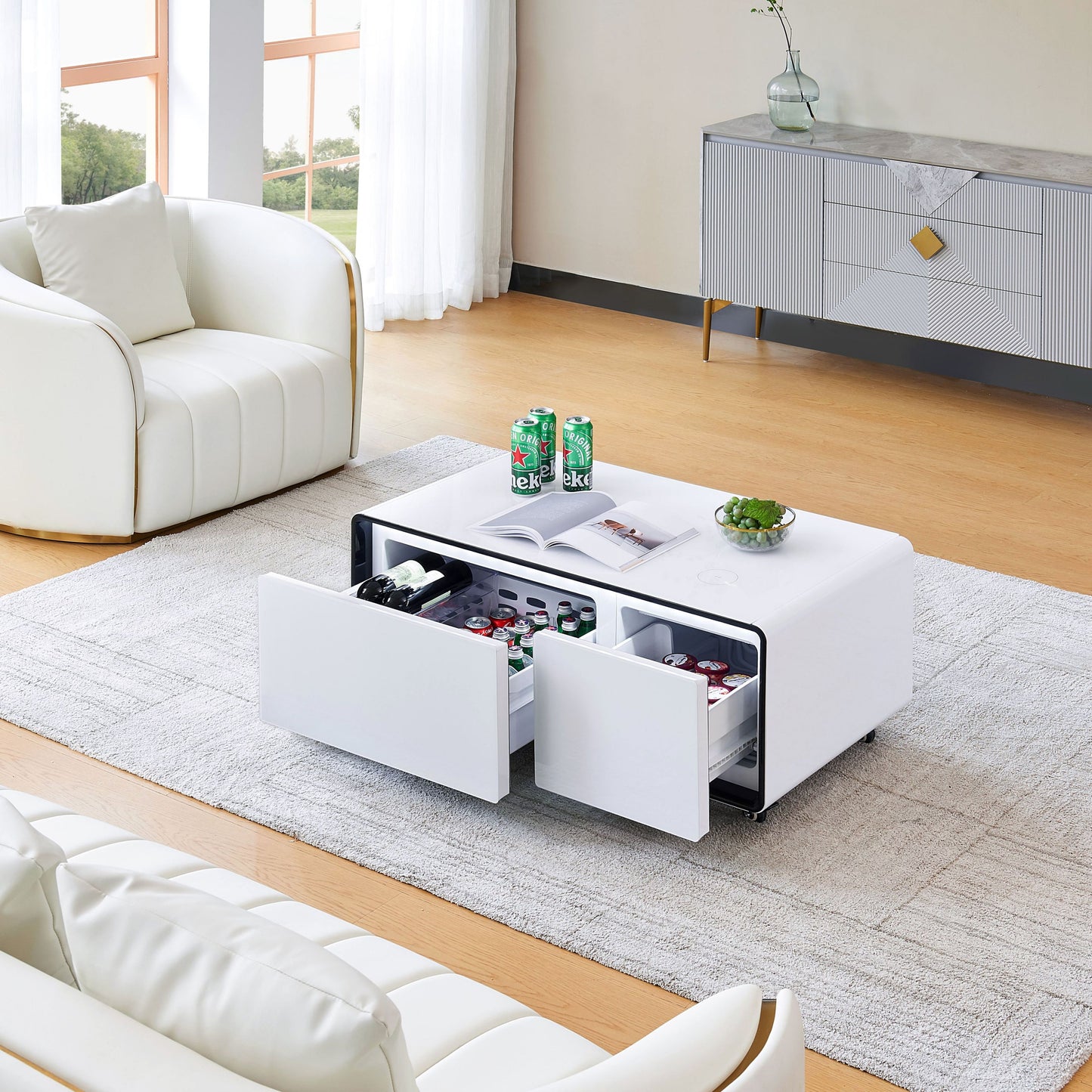 CT50 Modern Coffee Table with Fridge Drawers & Wireless Charging – Bluetooth Speaker, Wheels, and Versatile Storage