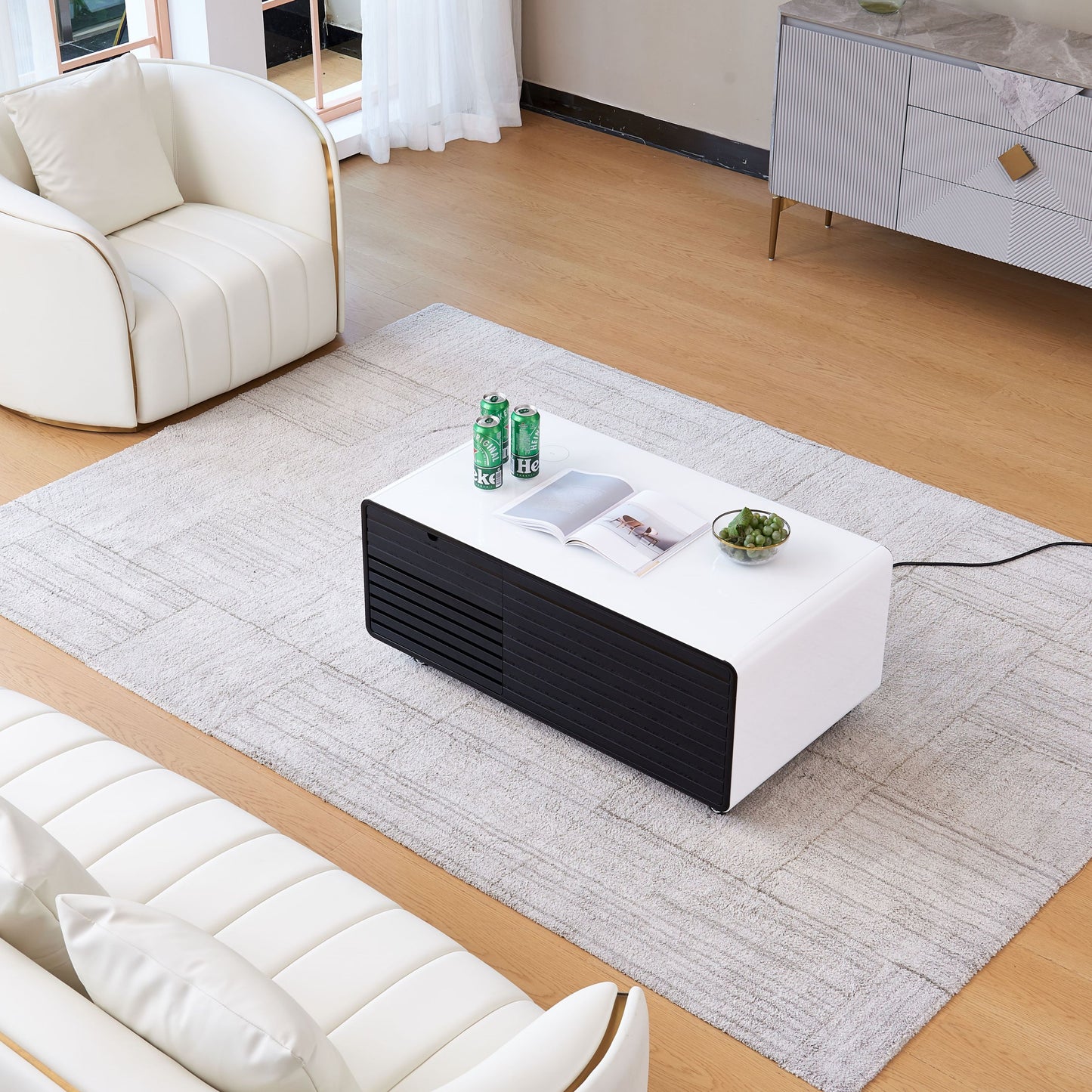 CT50 Modern Coffee Table with Fridge Drawers & Wireless Charging – Bluetooth Speaker, Wheels, and Versatile Storage