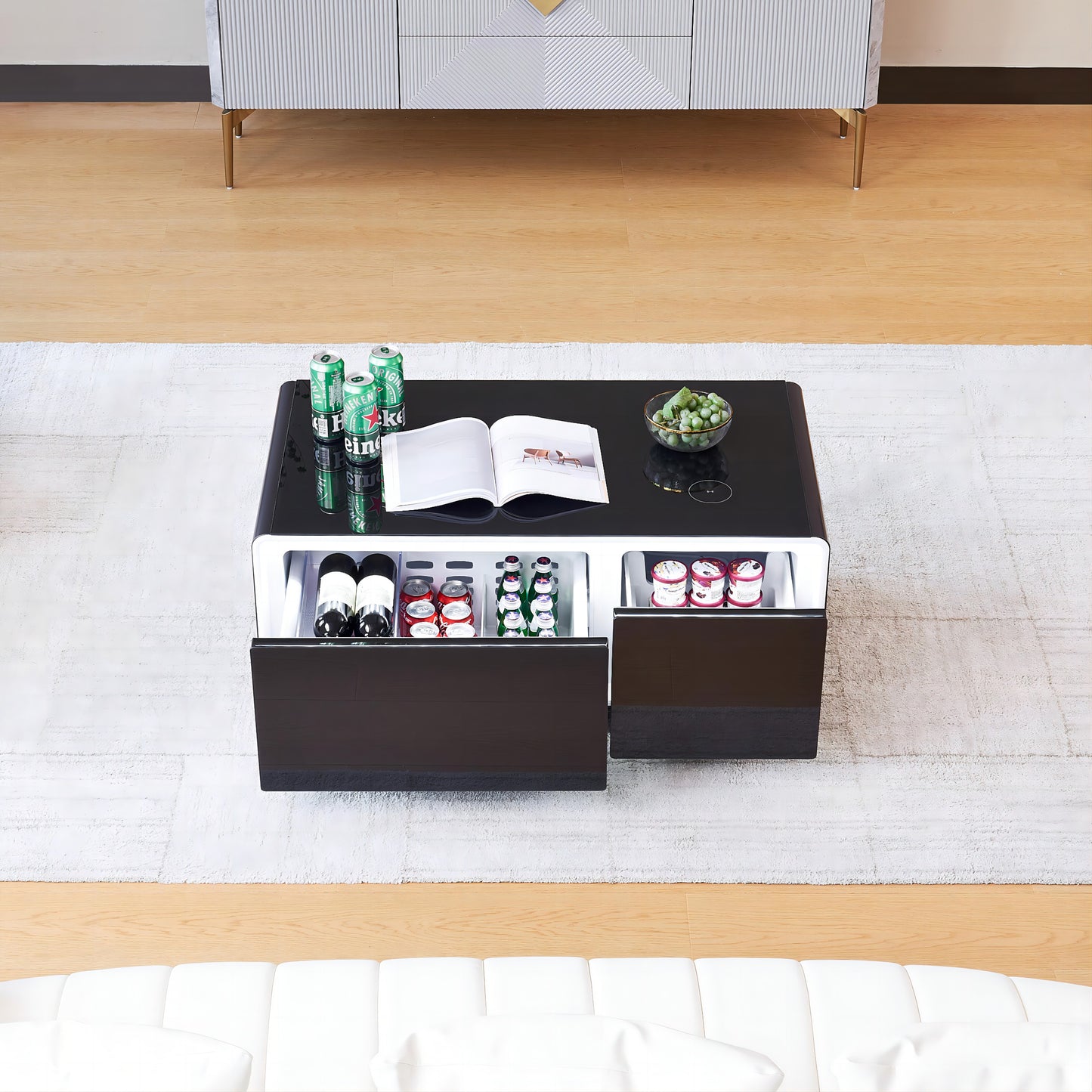 CT50 Modern Coffee Table with Fridge Drawers & Wireless Charging – Bluetooth Speaker, Wheels, and Versatile Storage