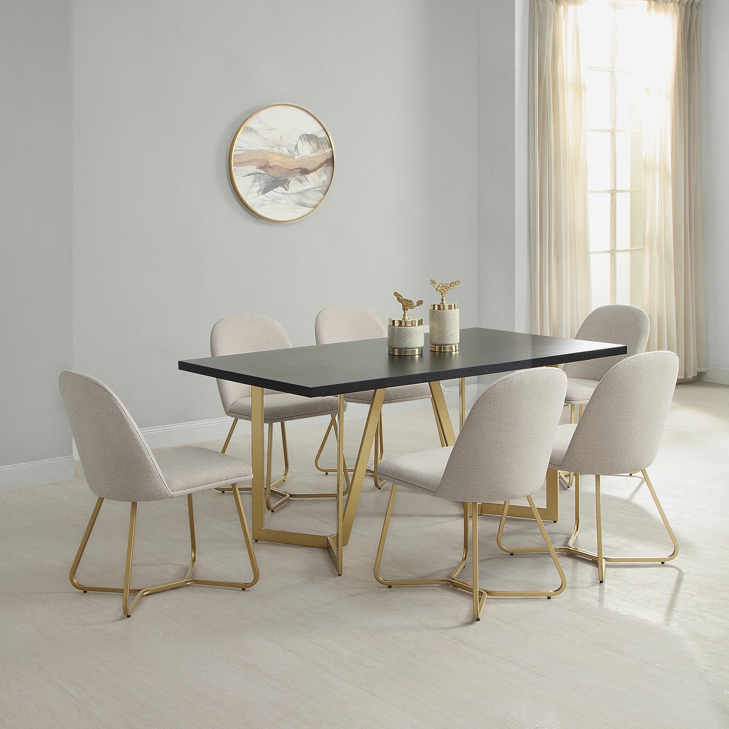 DT020 Black Rectangular Dining Table with Brushed Gold Base