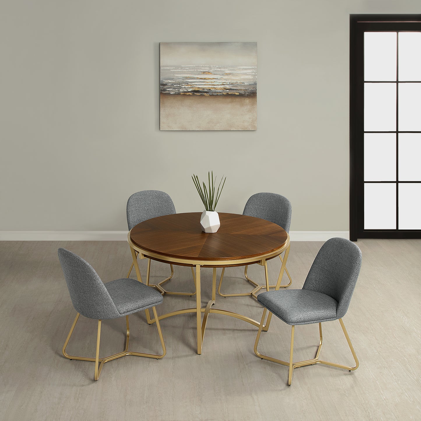 DT015 Round Dining Table with Brown Wood Top and Brushed Gold Metal Base