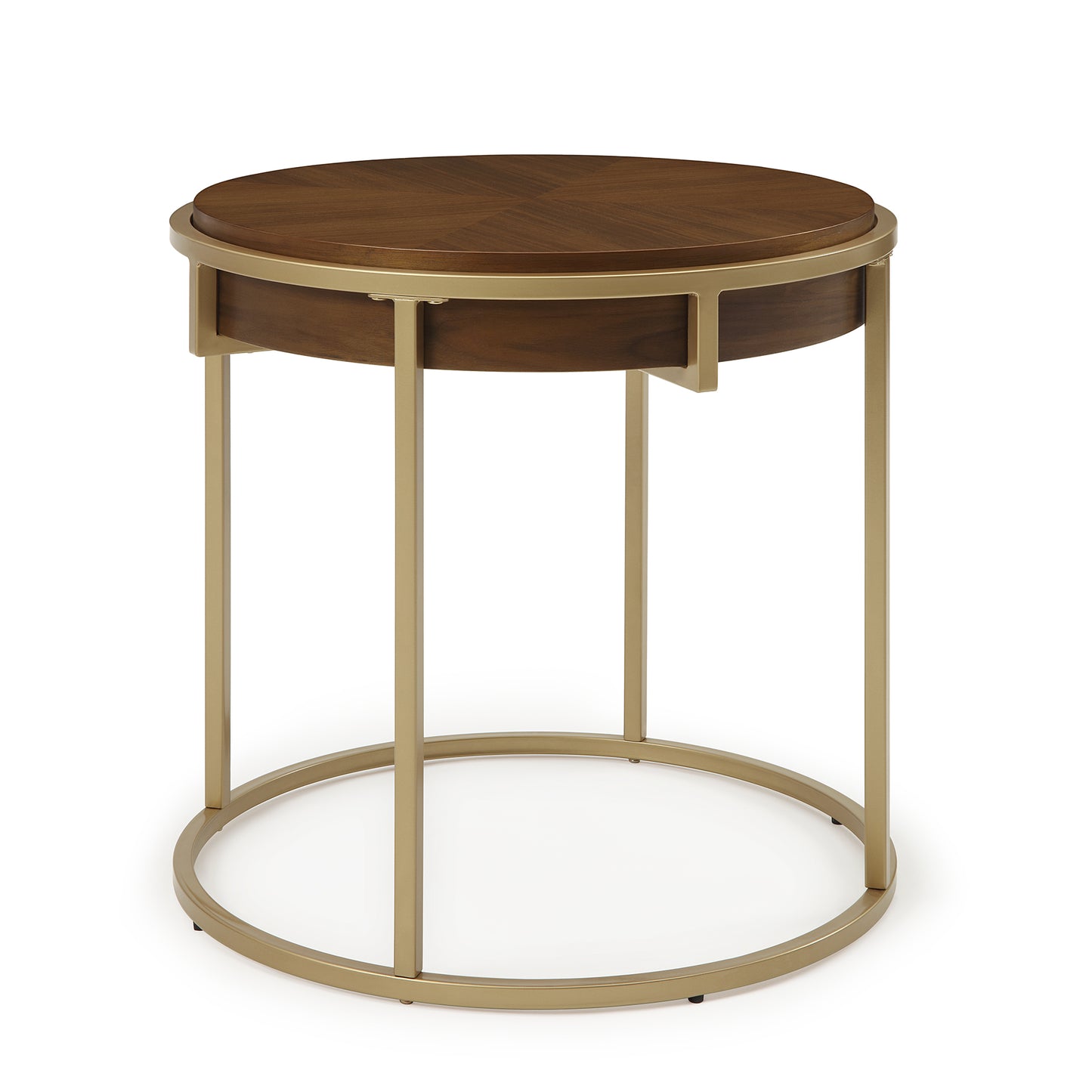 DT015 Round Dining Table with Brown Wood Top and Brushed Gold Metal Base