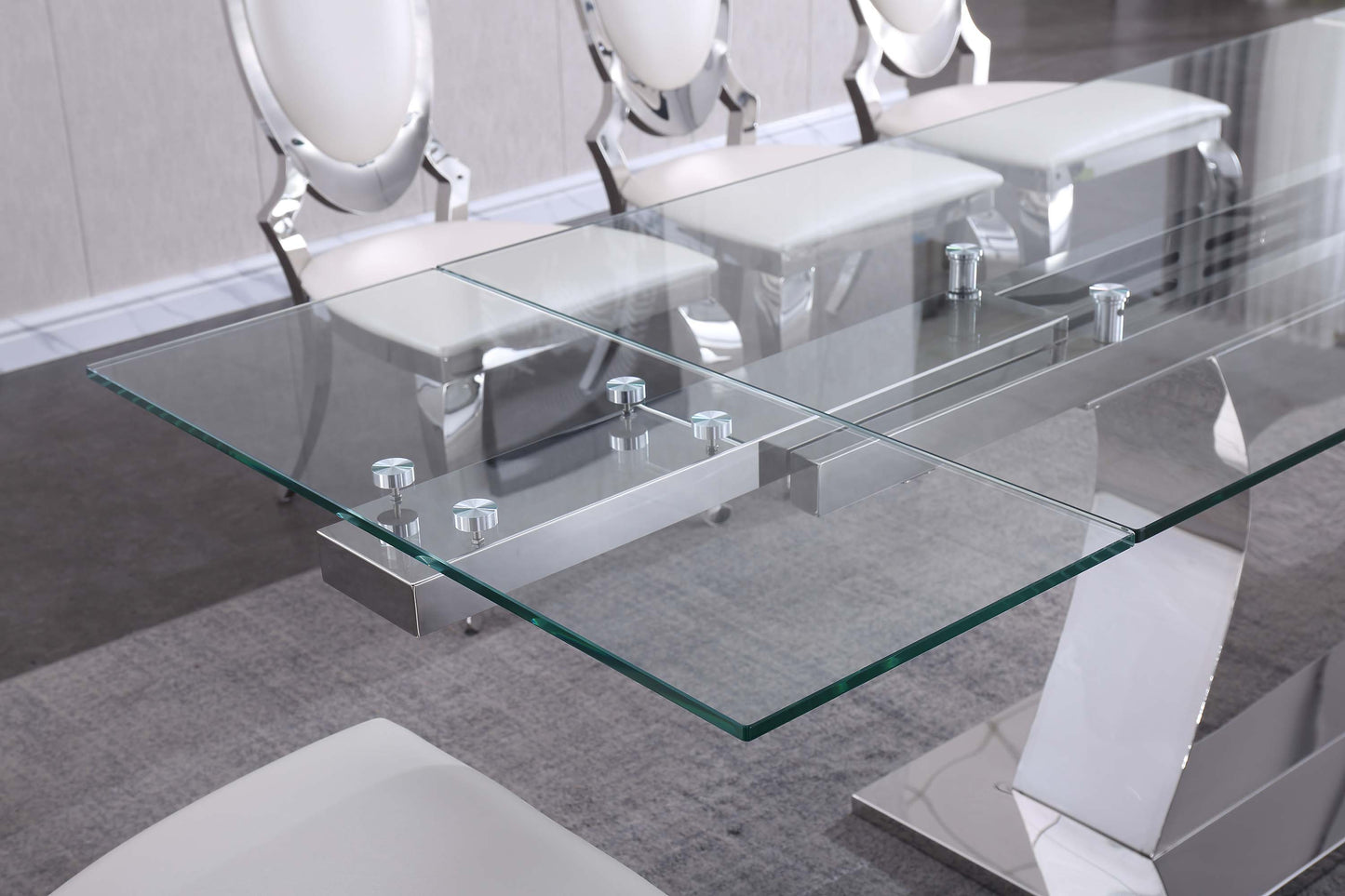 RDT206 Extendable Dining Table with 12mm Tempered Glass Top, Stainless Steel Base