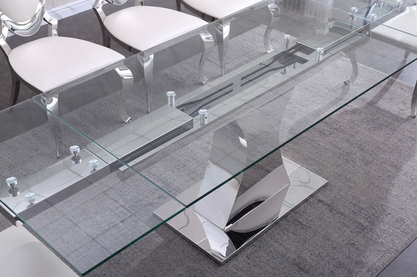 RDT206 Extendable Dining Table with 12mm Tempered Glass Top, Stainless Steel Base