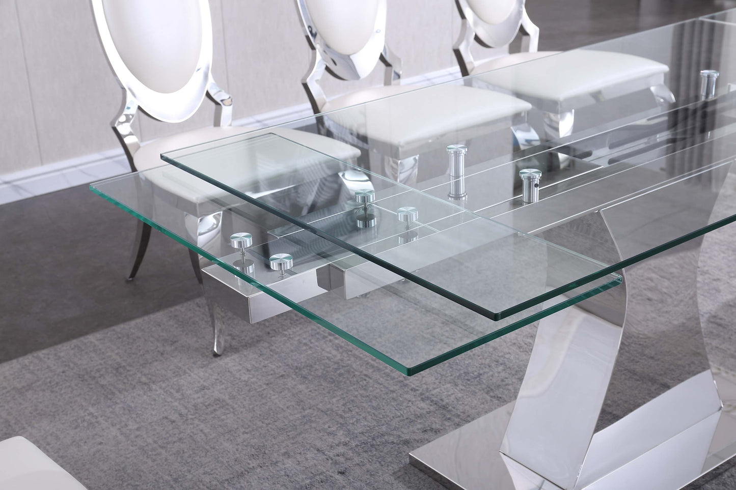 RDT206 Extendable Dining Table with 12mm Tempered Glass Top, Stainless Steel Base