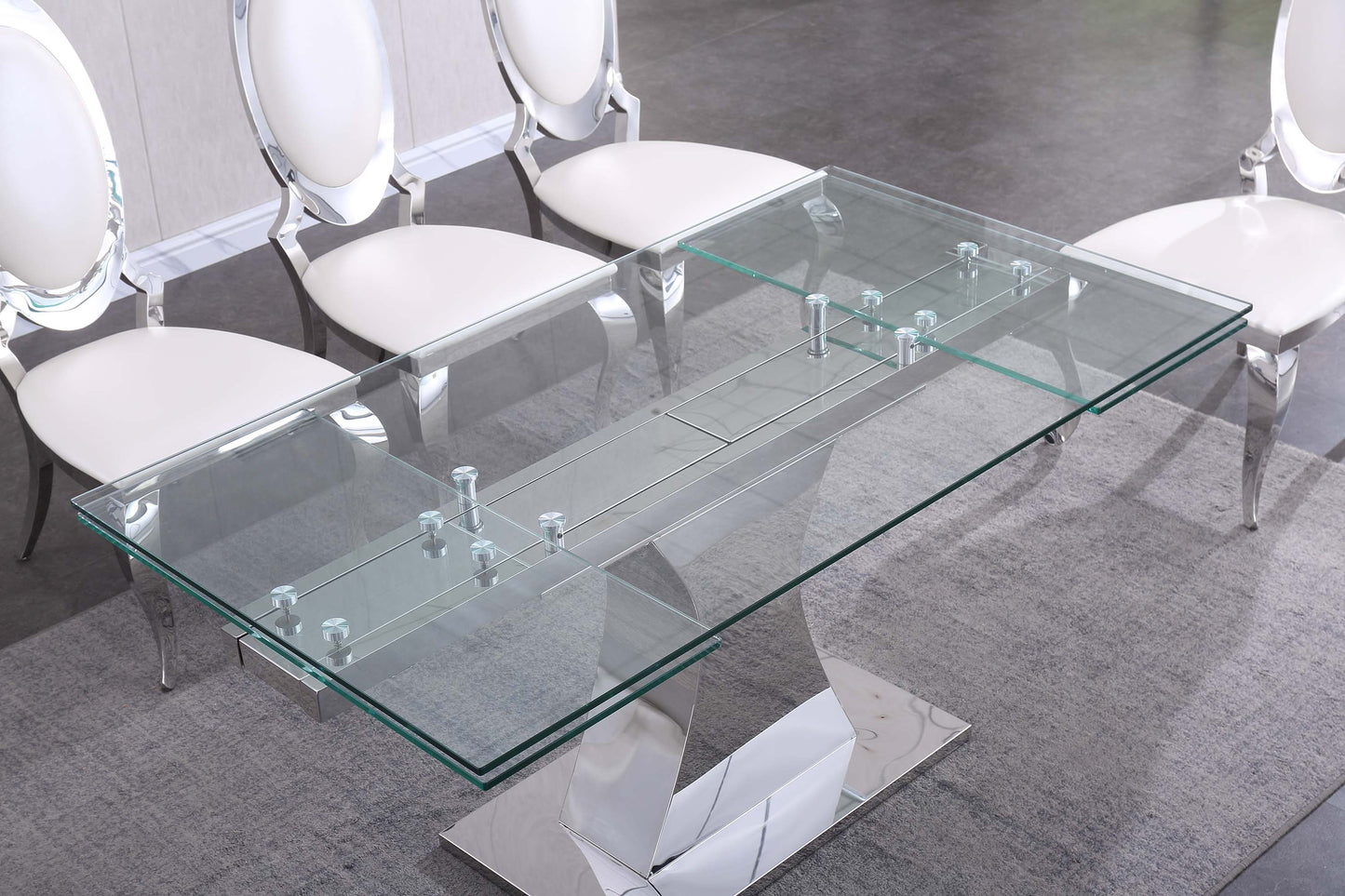 RDT206 Extendable Dining Table with 12mm Tempered Glass Top, Stainless Steel Base