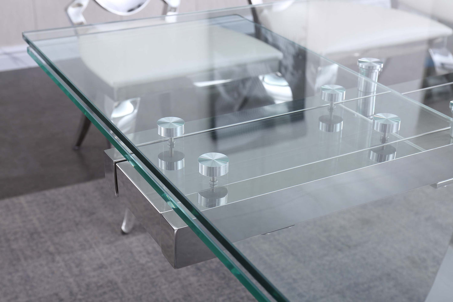 RDT206 Extendable Dining Table with 12mm Tempered Glass Top, Stainless Steel Base