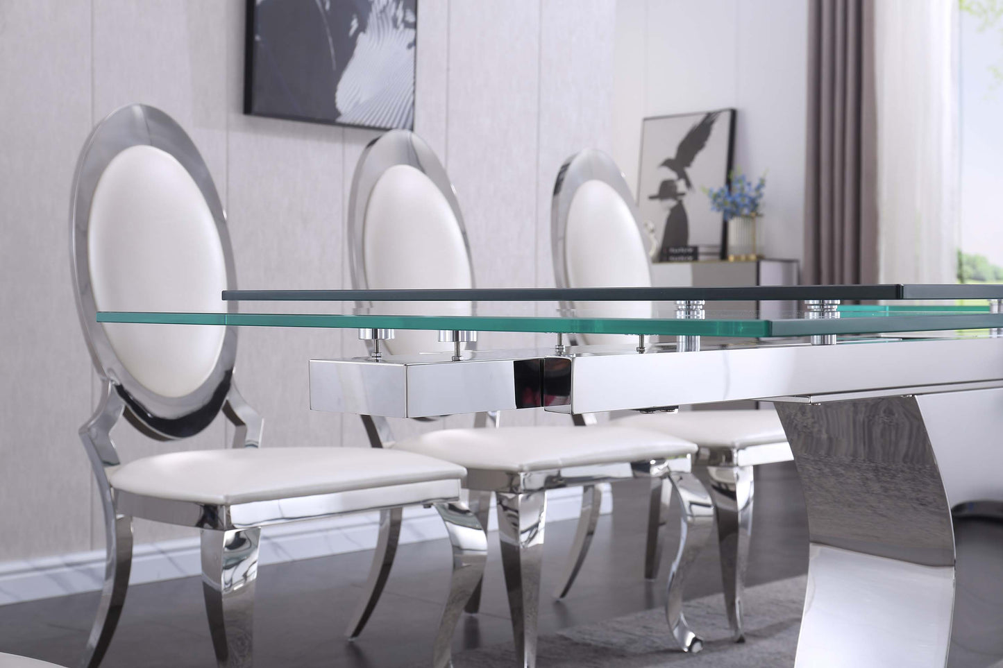 RDT206 Extendable Dining Table with 12mm Tempered Glass Top, Stainless Steel Base