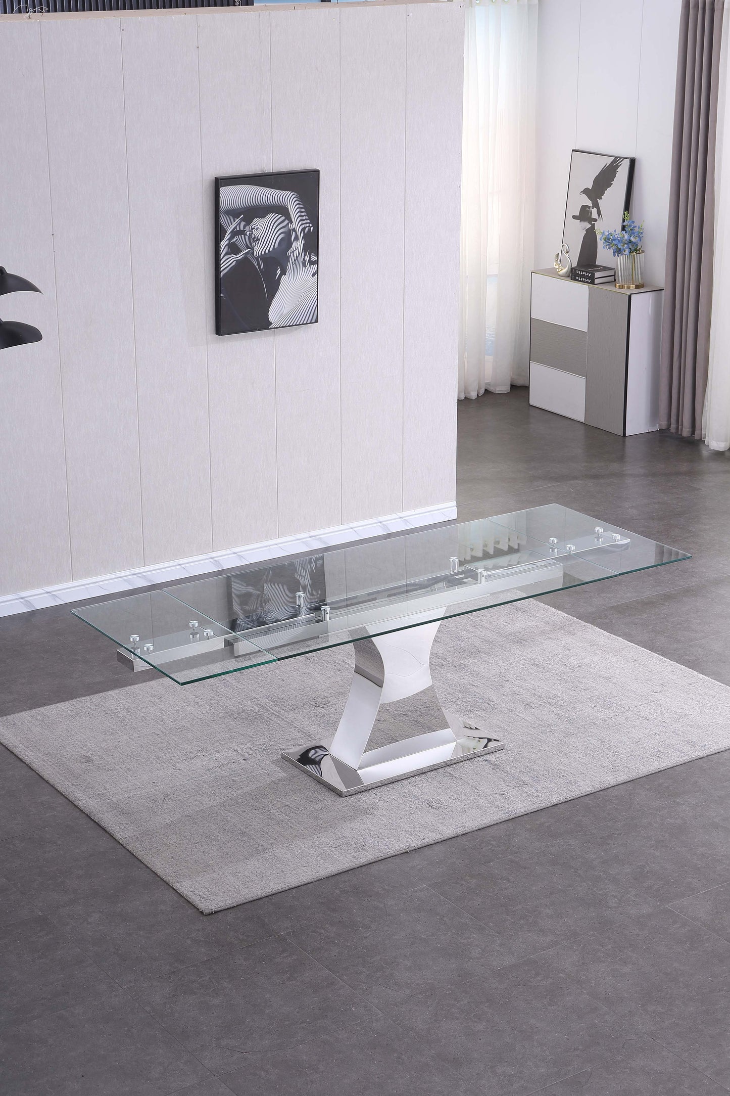 RDT206 Extendable Dining Table with 12mm Tempered Glass Top, Stainless Steel Base