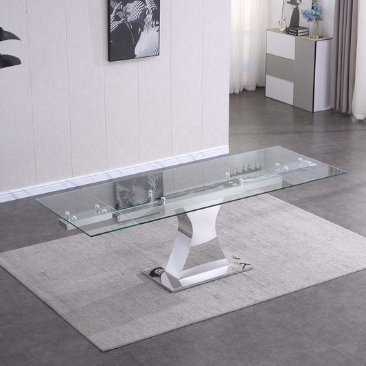 RDT206 Extendable Dining Table with 12mm Tempered Glass Top, Stainless Steel Base