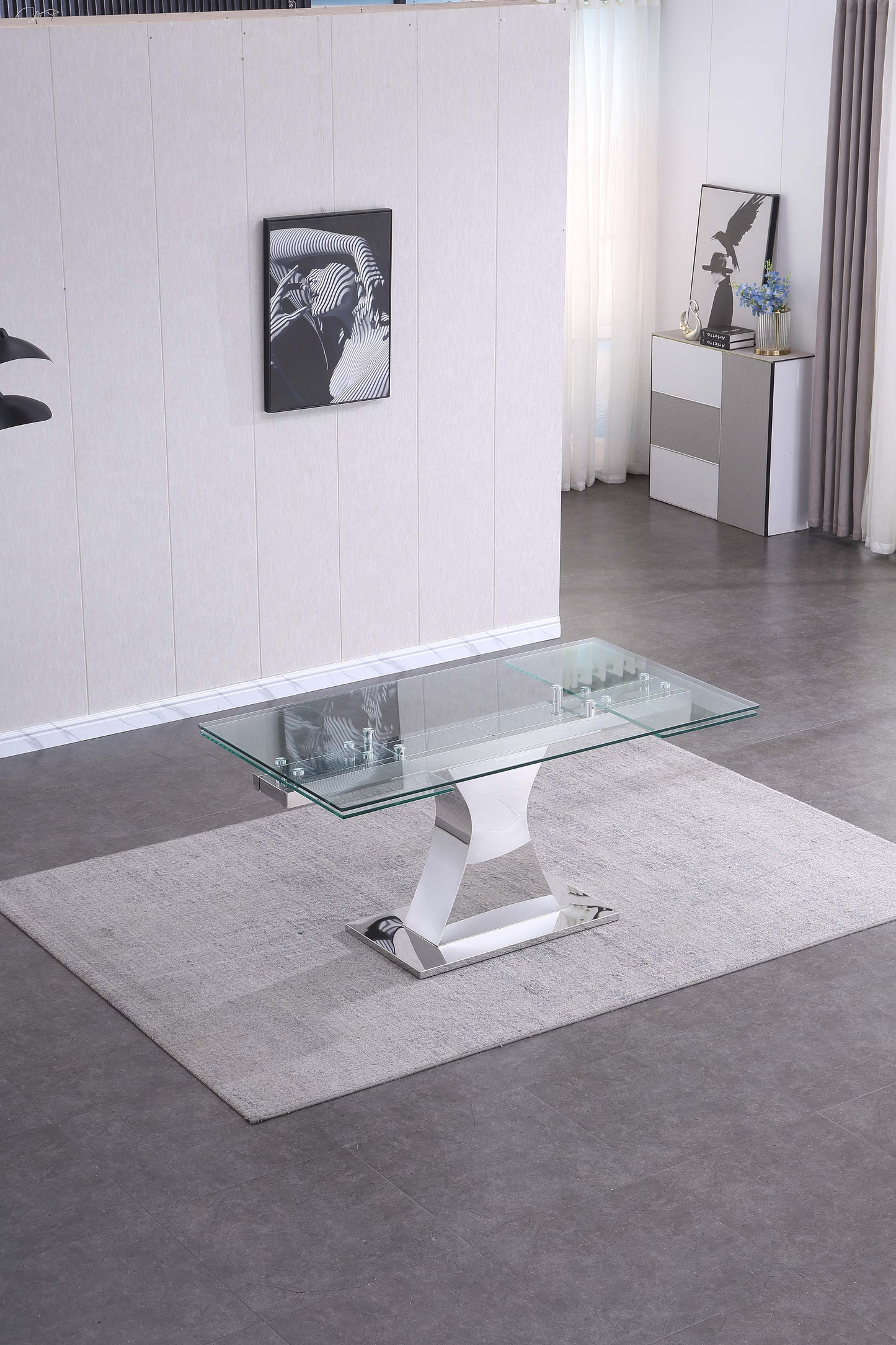 RDT206 Extendable Dining Table with 12mm Tempered Glass Top, Stainless Steel Base