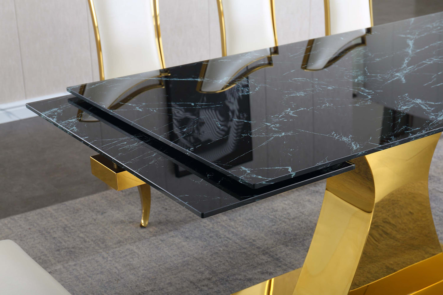 RDT206 Extendable Dining Table with 12mm Tempered Glass Top, Stainless Steel Base