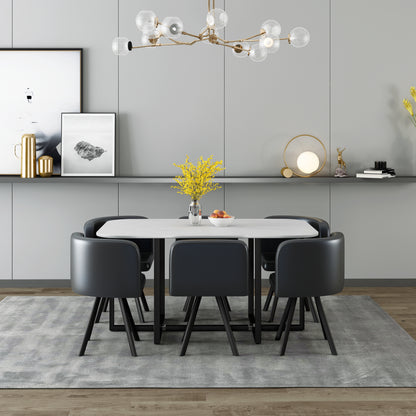 800 Modern 6-Piece Dining Table Set with White Marble Top and Leatherette/Fabric Chairs