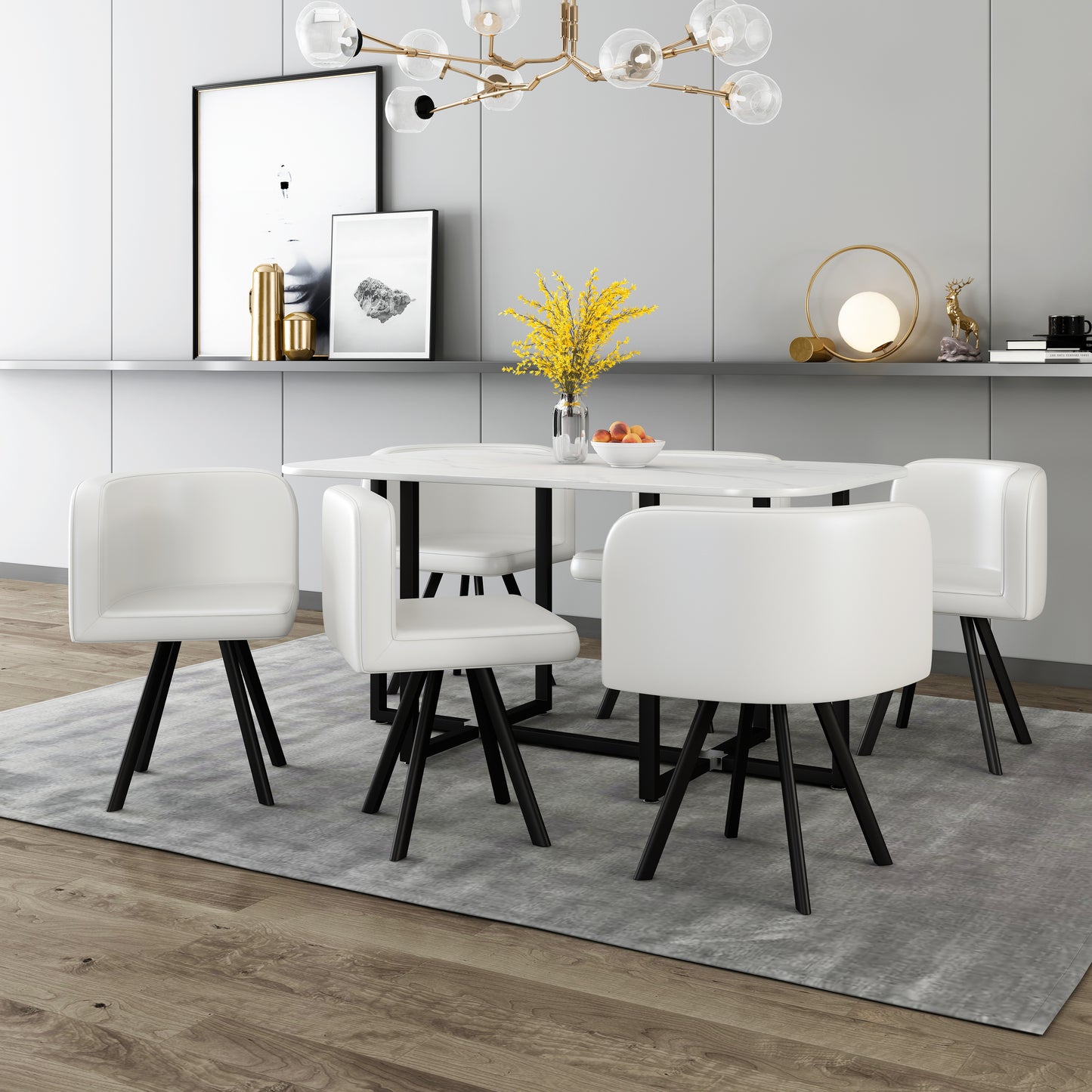 800 Modern 6-Piece Dining Table Set with White Marble Top and Leatherette/Fabric Chairs