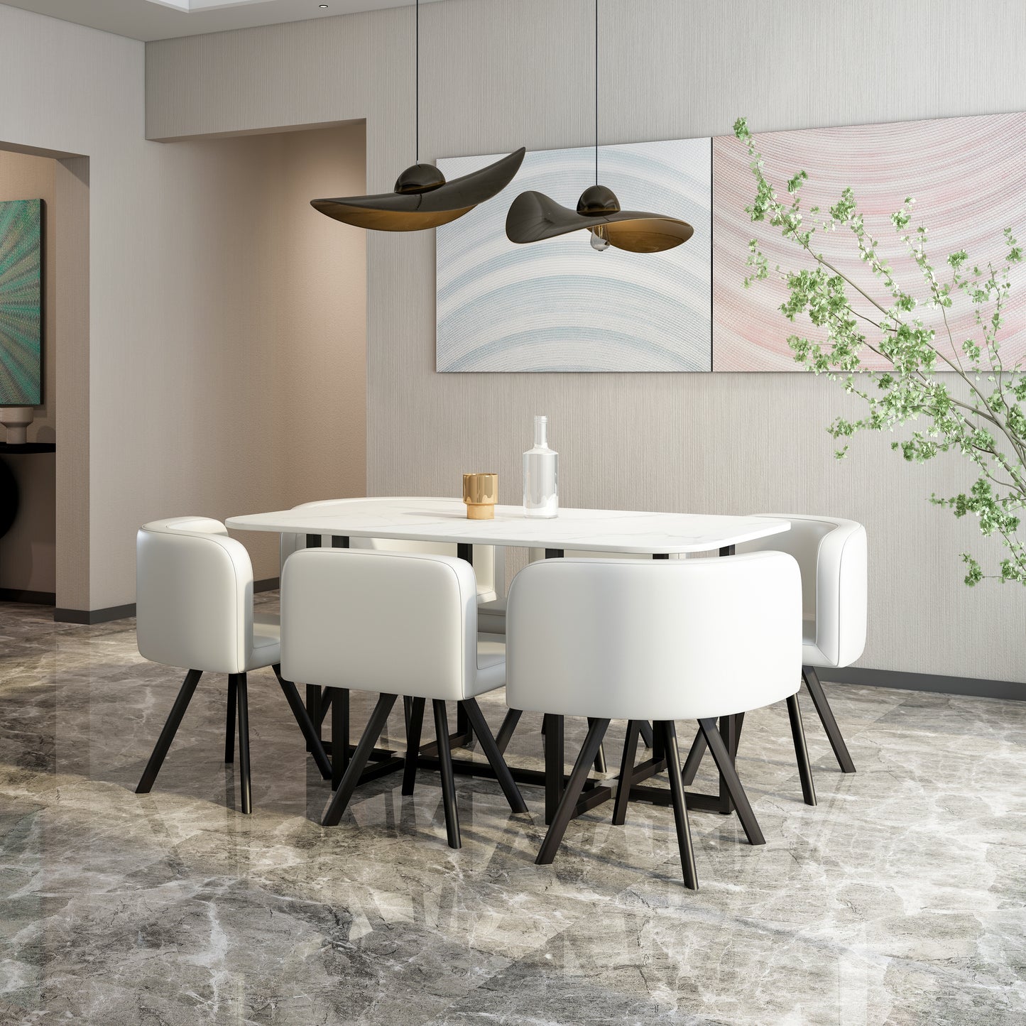 800 Modern 6-Piece Dining Table Set with White Marble Top and Leatherette/Fabric Chairs