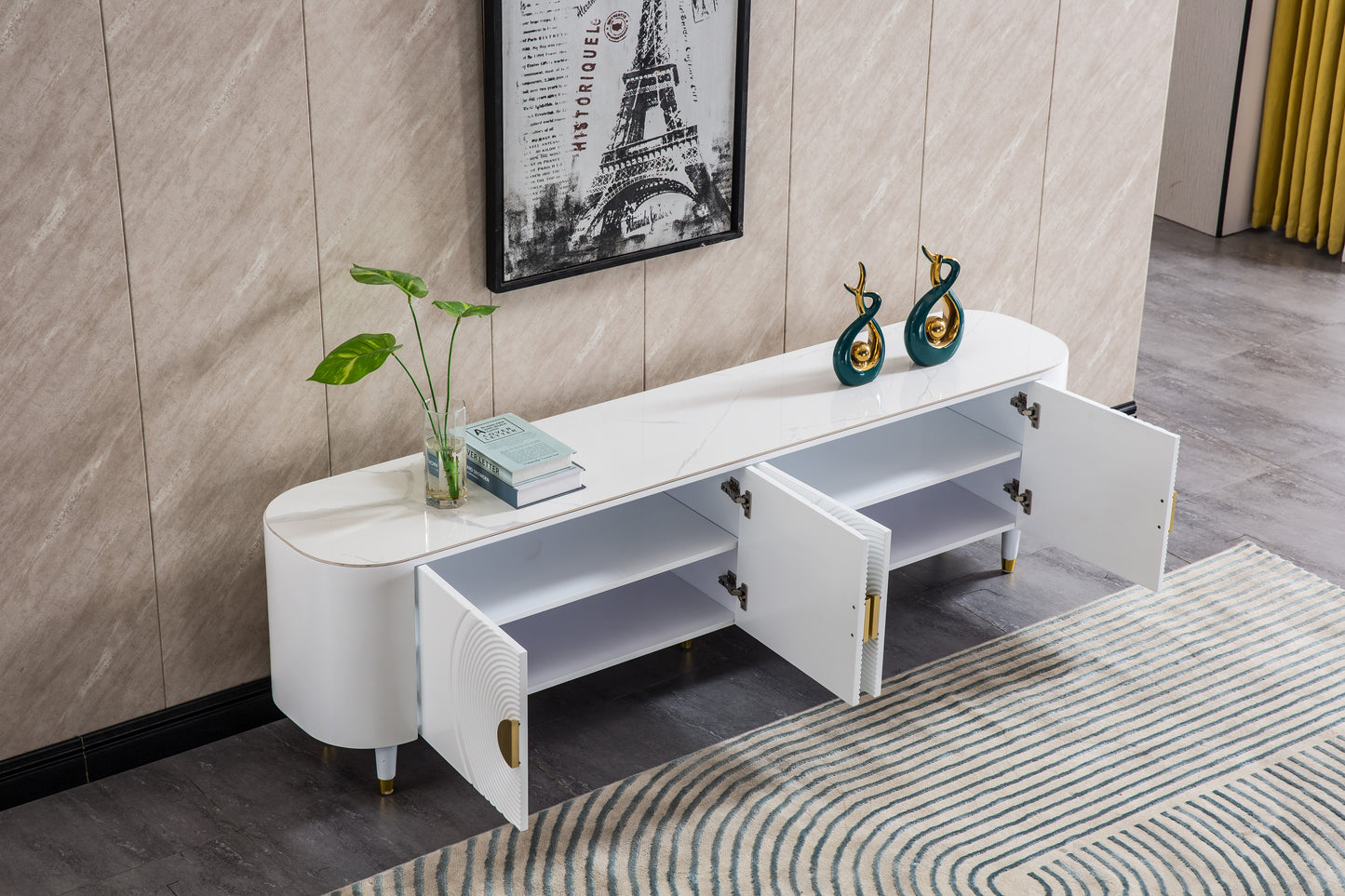 TV006 MDF TV Stand with White Lacquer Finish and Sintered Stone Top