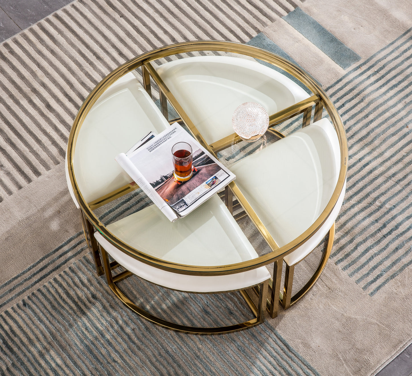 CT1029G Round Glass Coffee Table with 4 White Leatherette Stools