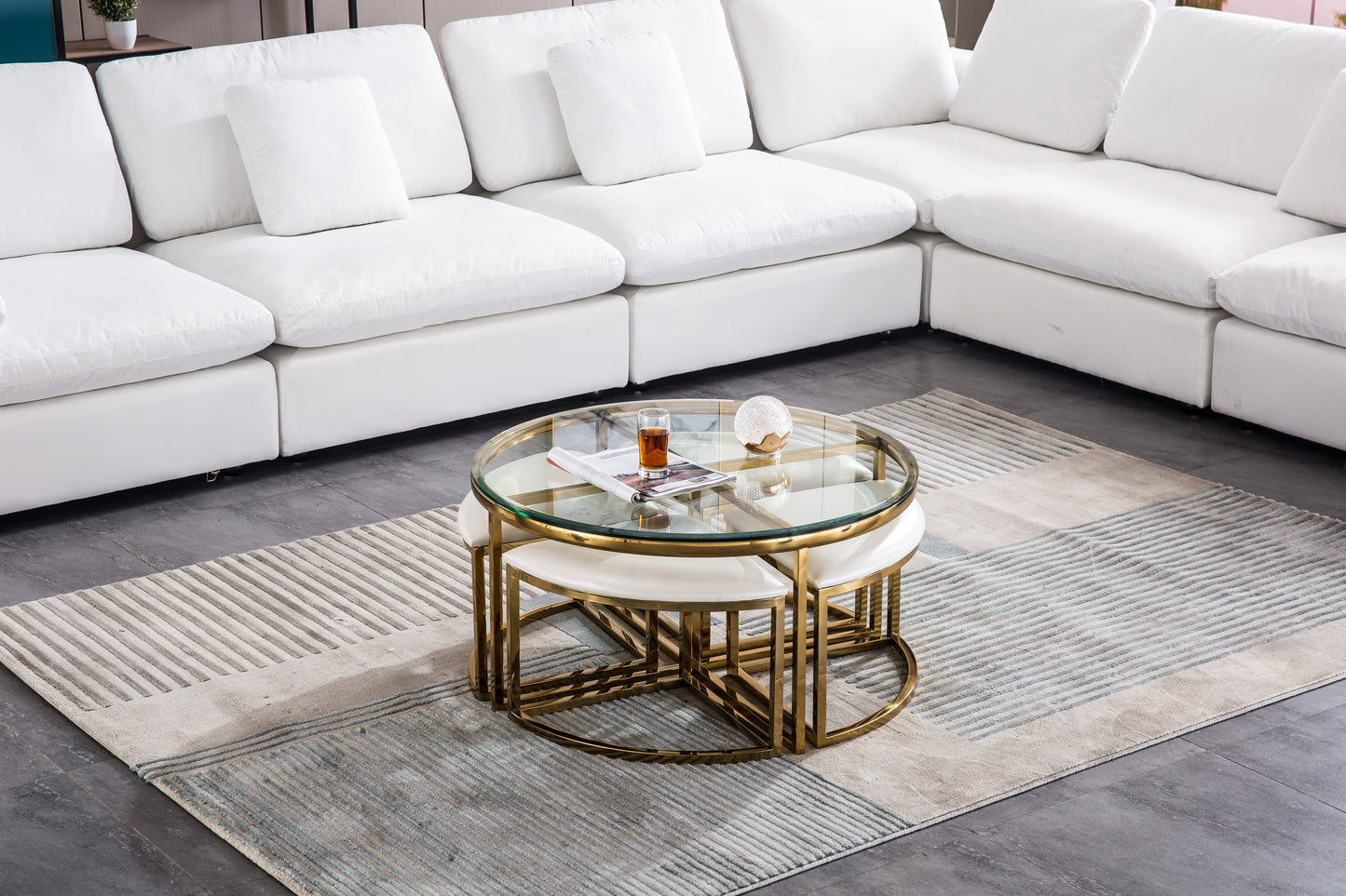 CT1029G Round Glass Coffee Table with 4 White Leatherette Stools