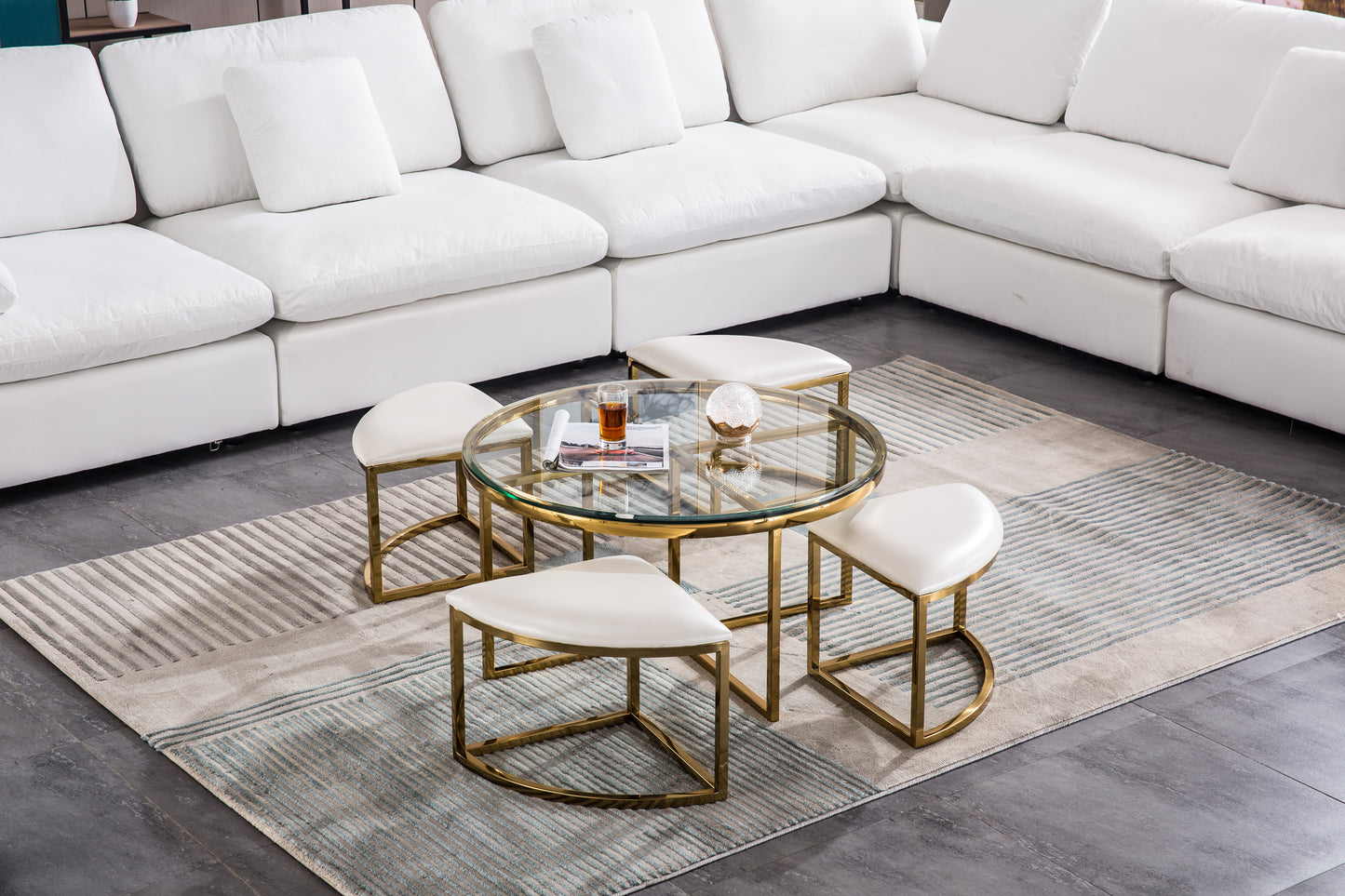 CT1029G Round Glass Coffee Table with 4 White Leatherette Stools