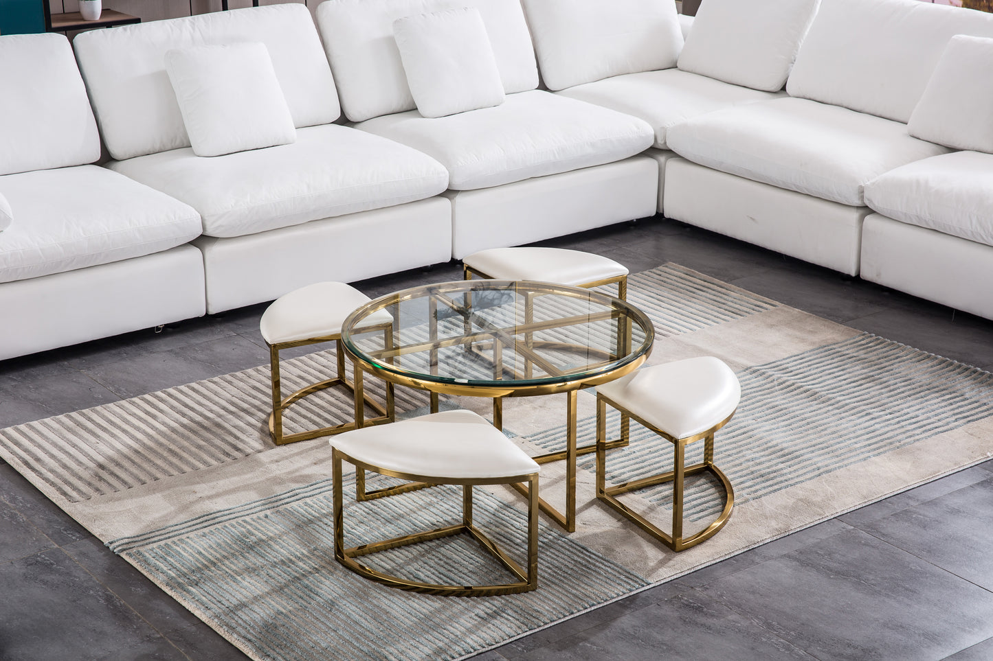 CT1029G Round Glass Coffee Table with 4 White Leatherette Stools