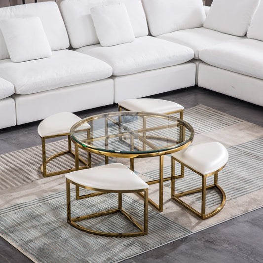 CT1029G Round Glass Coffee Table with 4 White Leatherette Stools