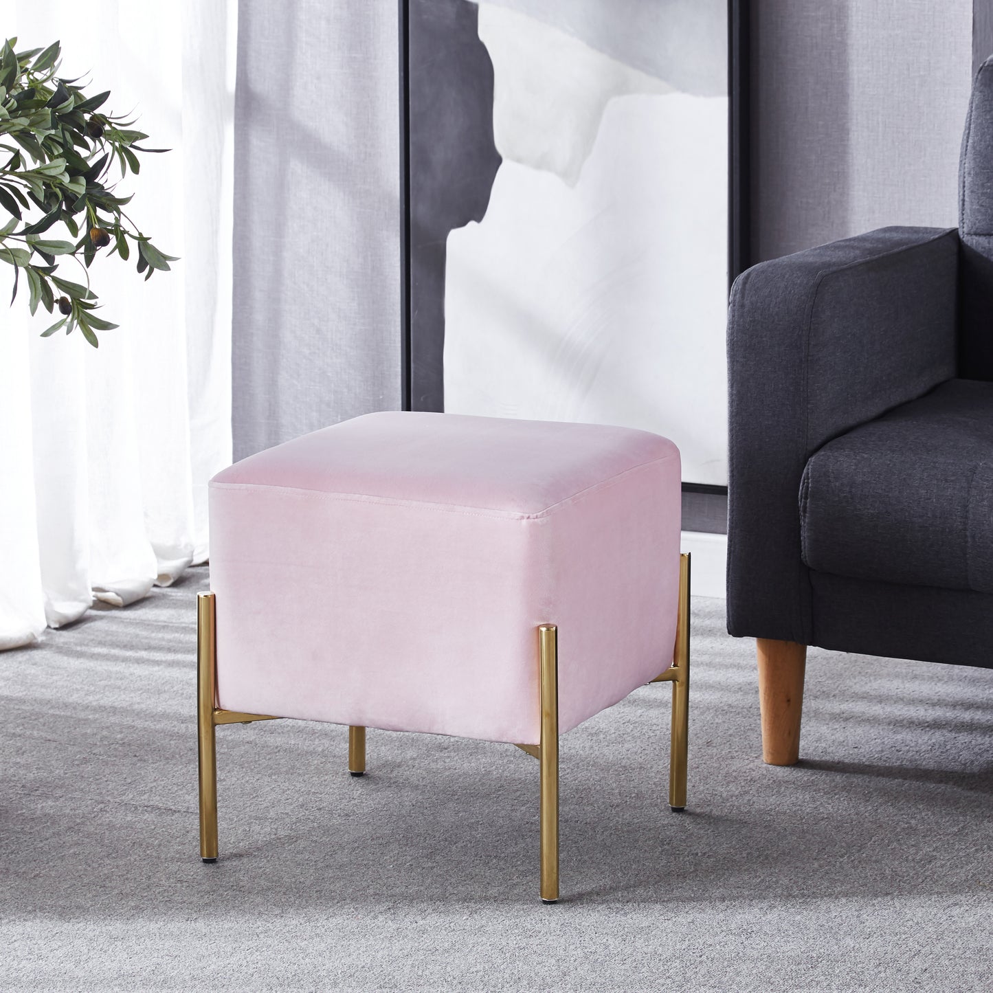 G02 Square Velvet Ottoman with Gold Stainless Steel Legs