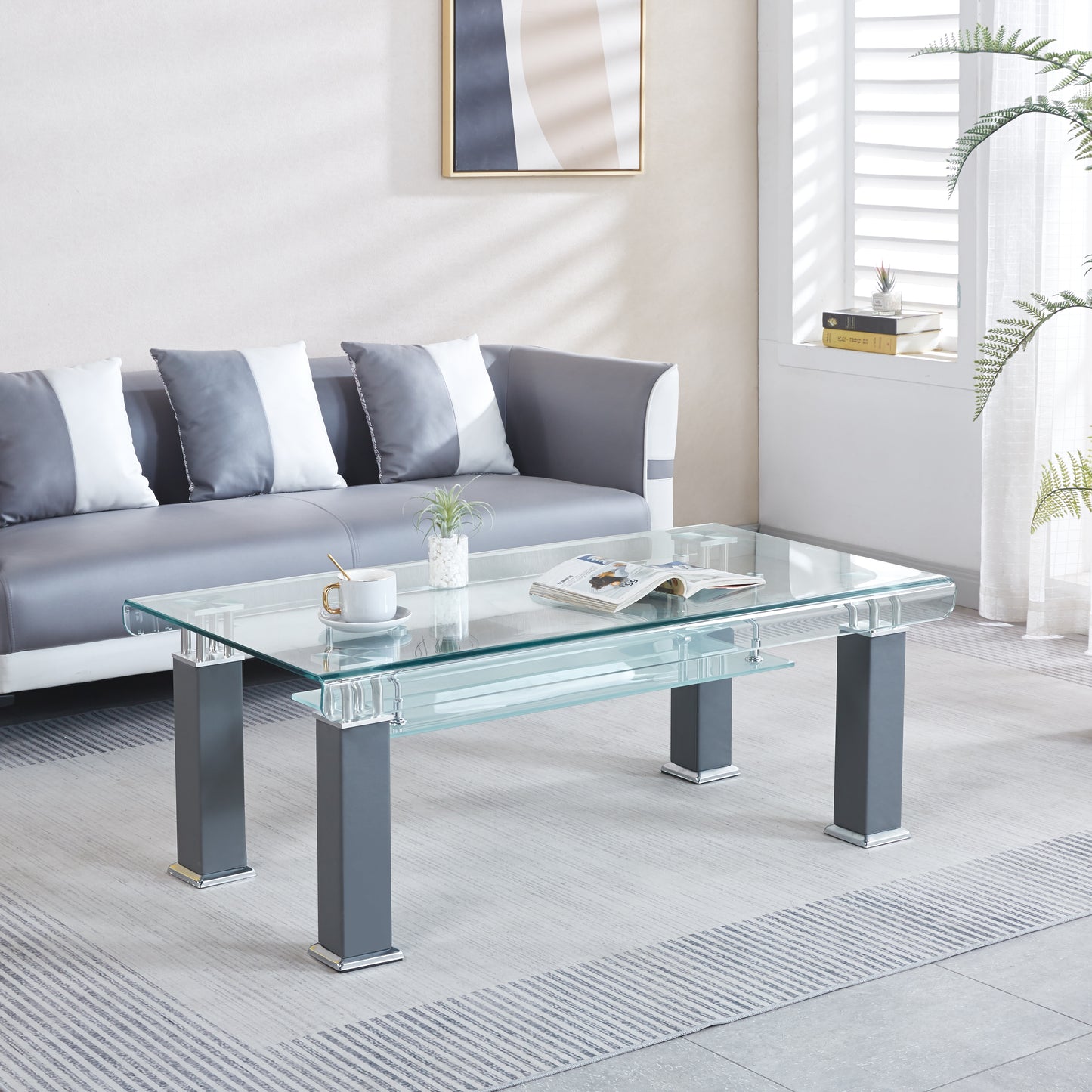 JD3 Modern Glass Coffee Table with Leatherette Accents