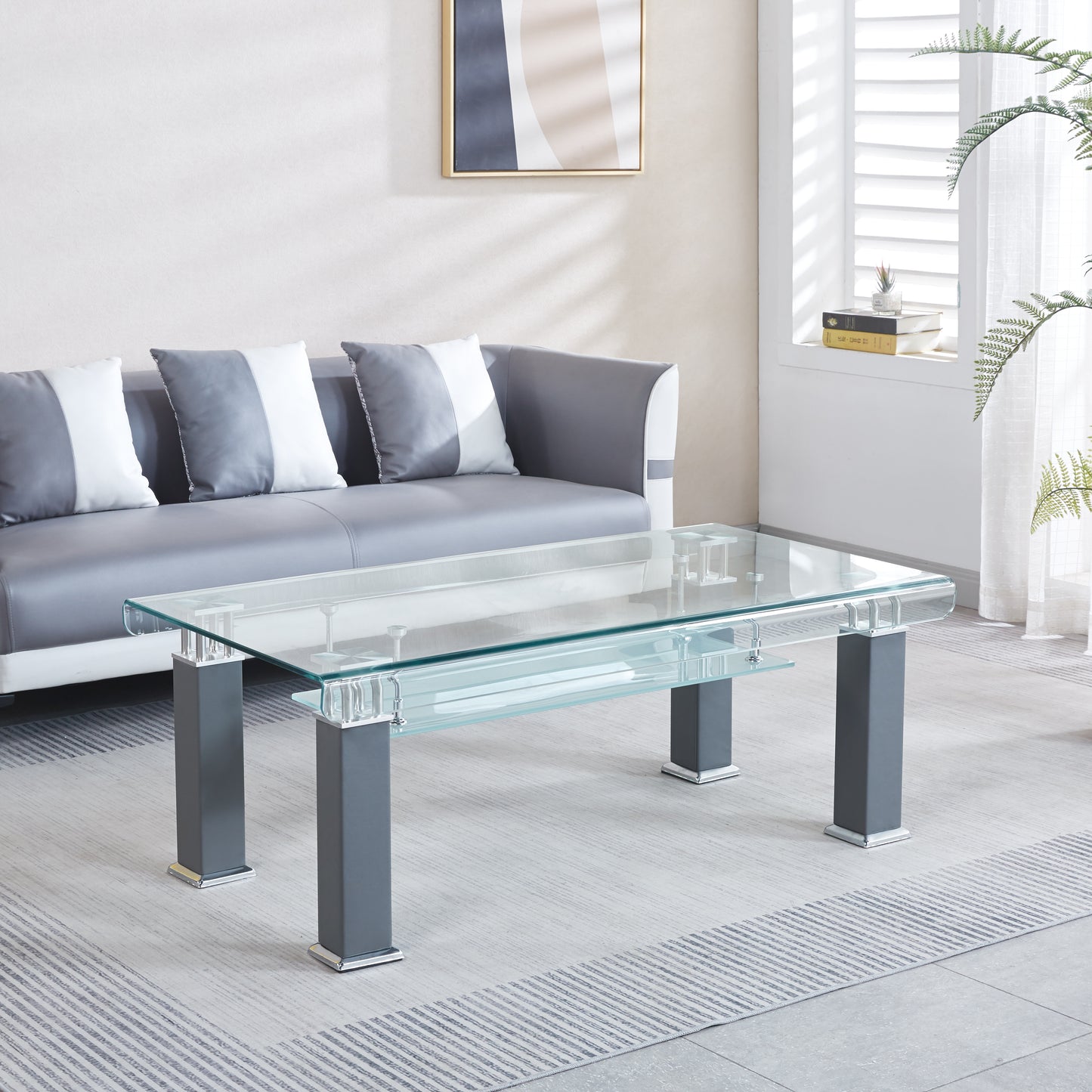 JD3 Modern Glass Coffee Table with Leatherette Accents