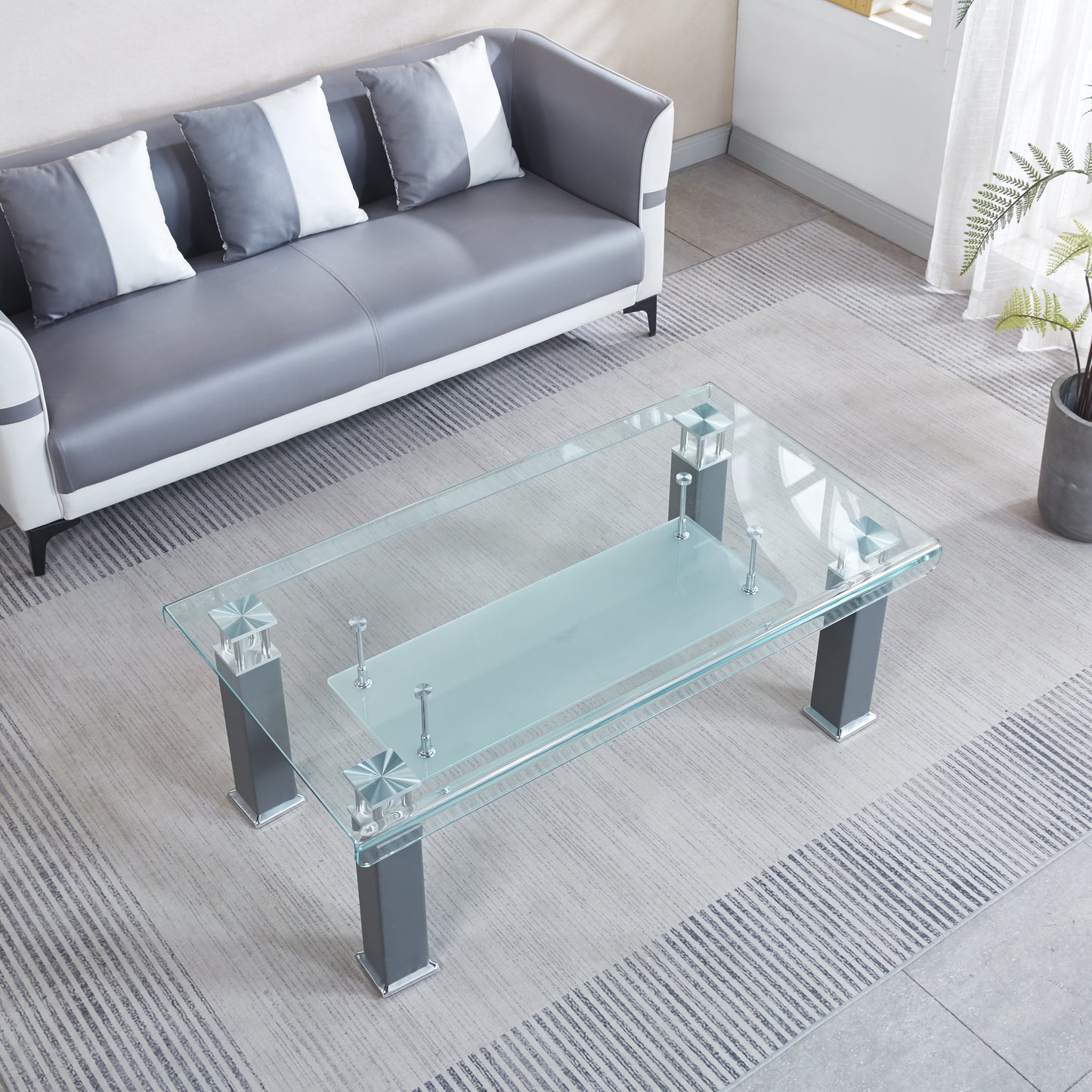 JD3 Modern Glass Coffee Table with Leatherette Accents