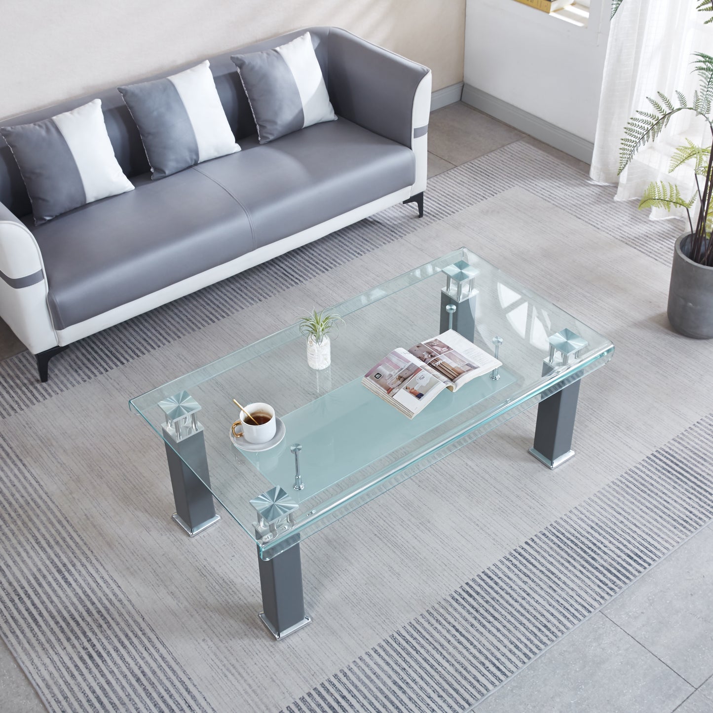 JD3 Modern Glass Coffee Table with Leatherette Accents