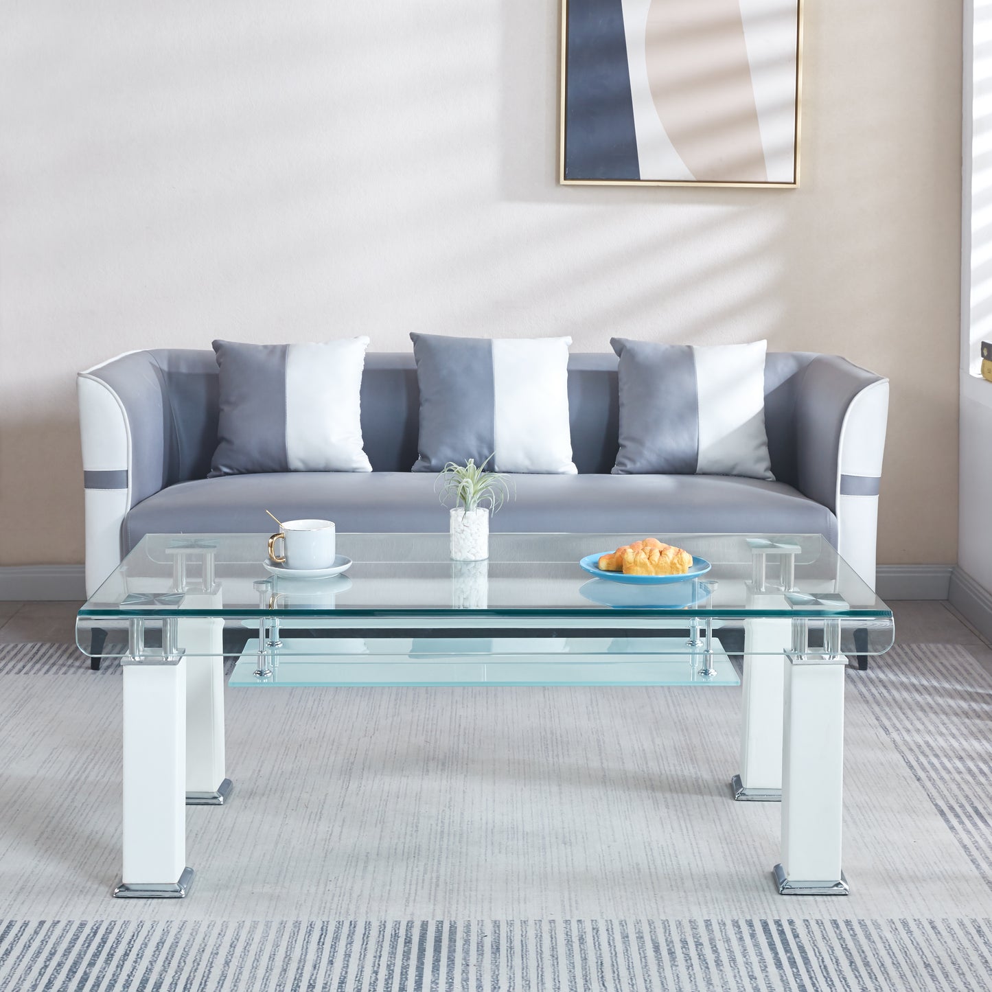 JD3 Modern Glass Coffee Table with Leatherette Accents