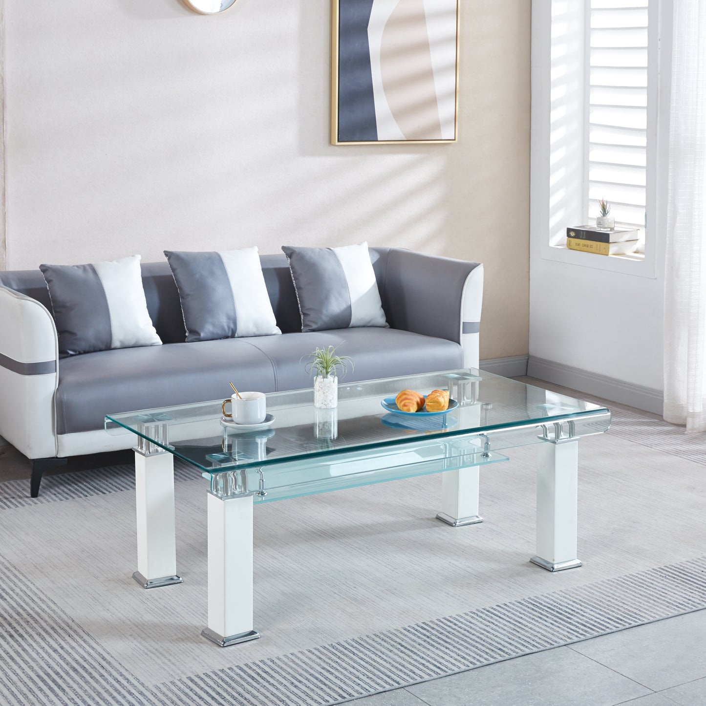 JD3 Modern Glass Coffee Table with Leatherette Accents