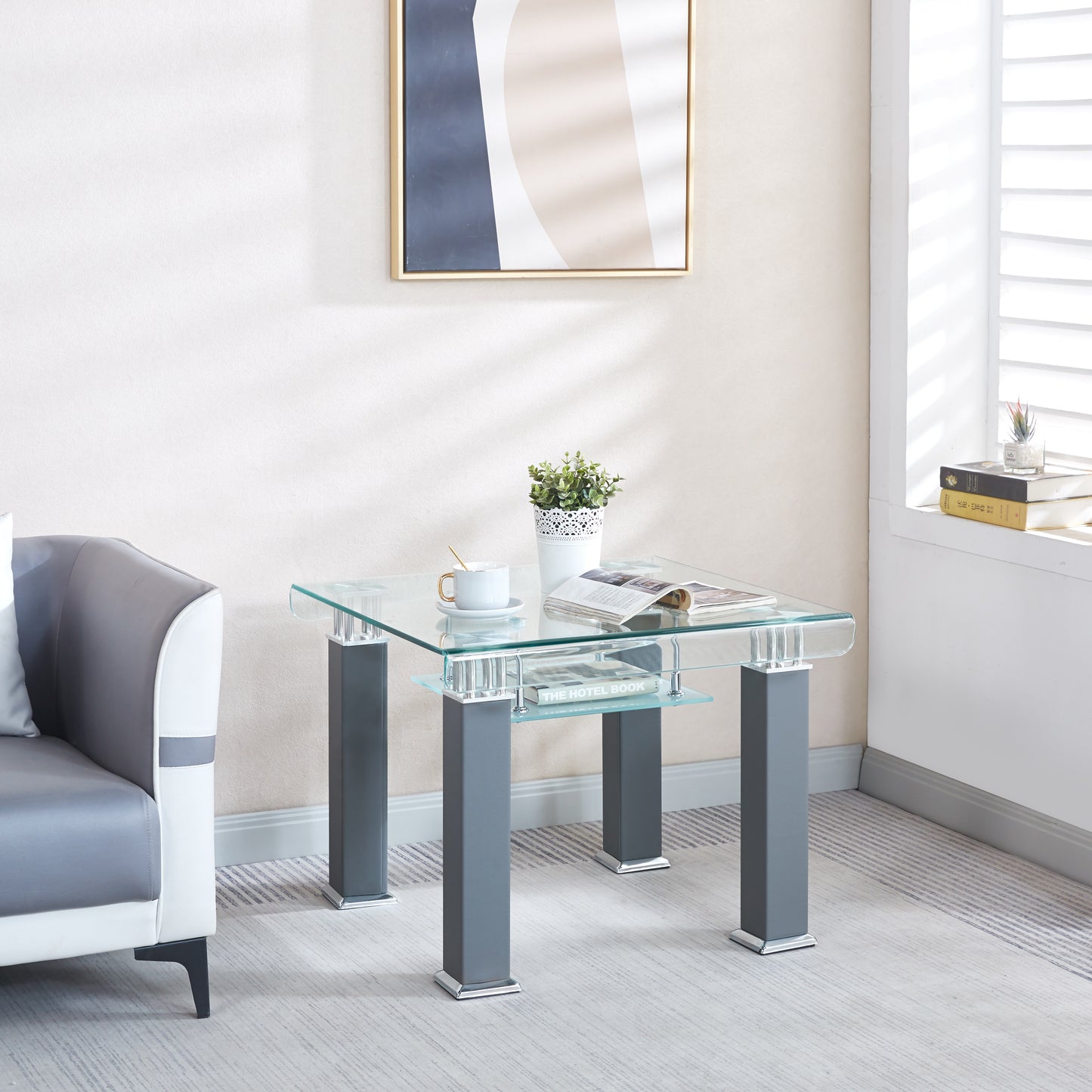 JD4 Modern End Table with Tempered Glass and Leatherette