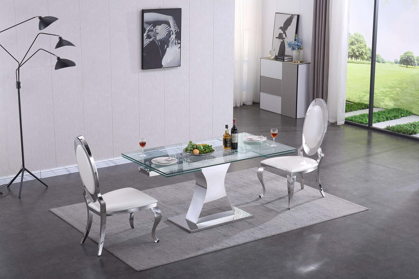 RDT206 Extendable Dining Table with 12mm Tempered Glass Top, Stainless Steel Base