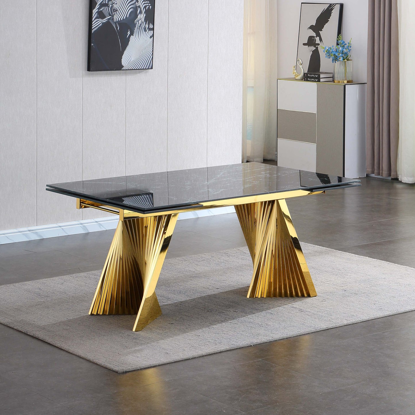 RDT207 Extendable Dining Table with Marble Tempered Glass Top