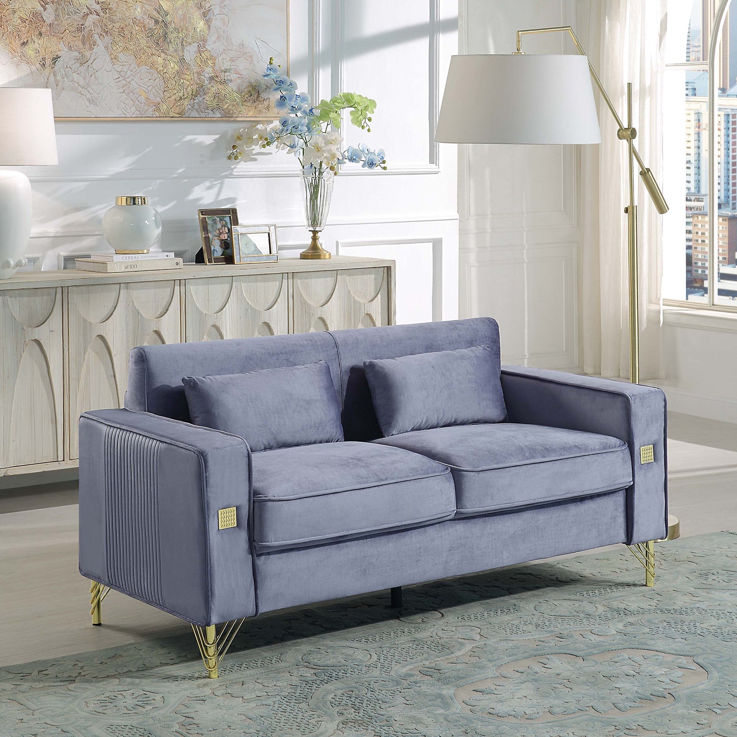 8043 Velvet Loveseat/Sofa with Gold Metal Legs