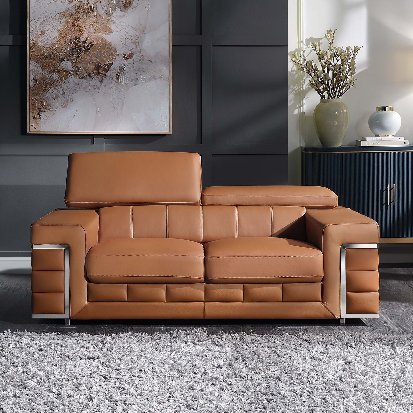 8046 Genuine Leather Sofa & Loveseat with Adjustable Headrest