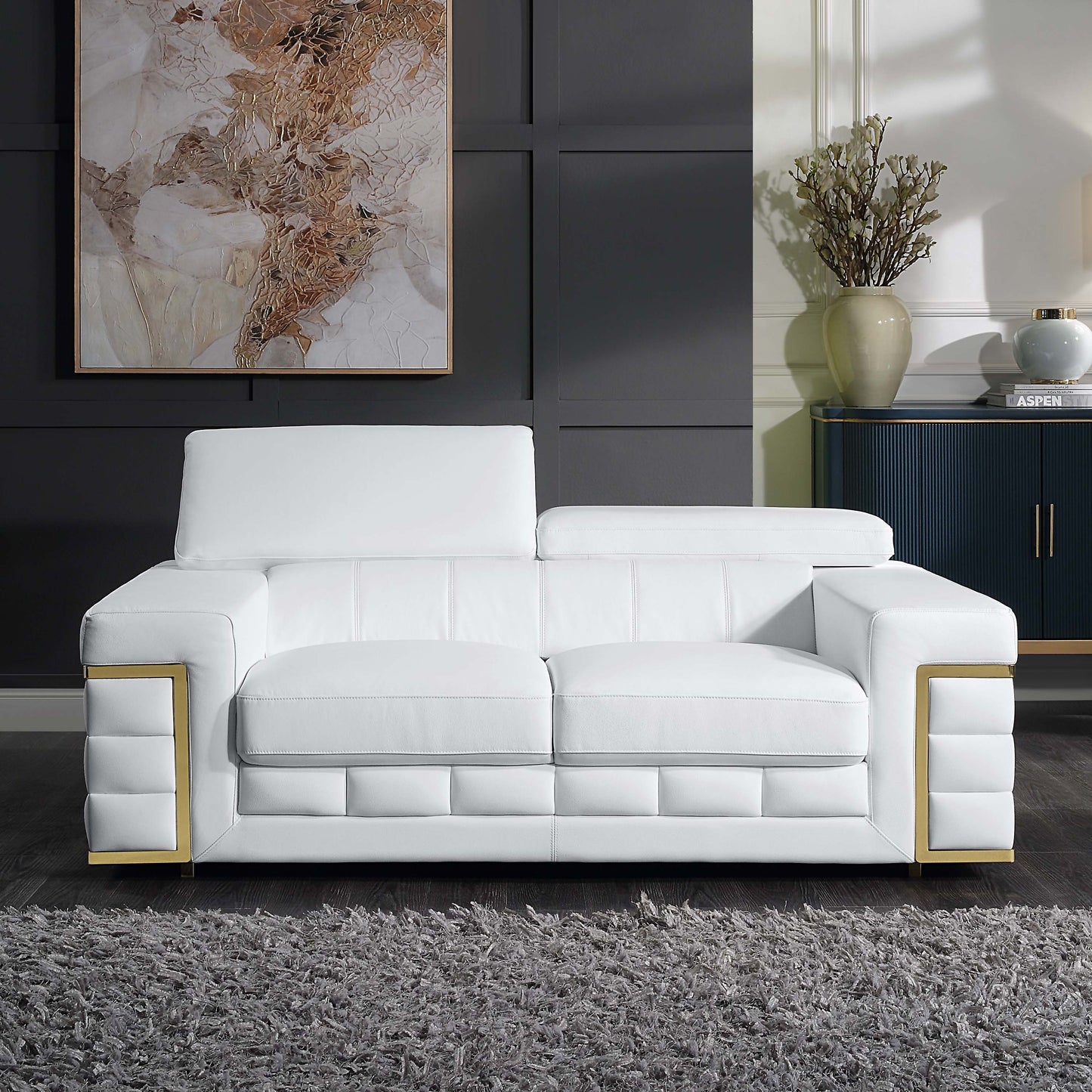 8046 Genuine Leather Sofa & Loveseat with Adjustable Headrest