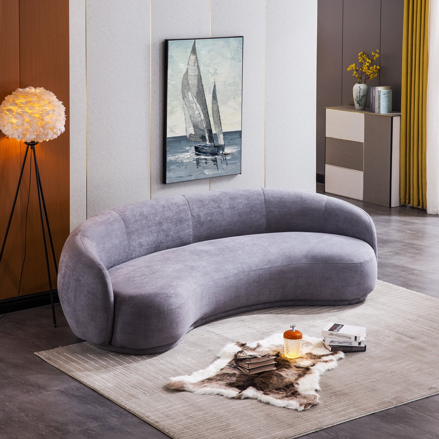 S605 Modern Curved Sofa with Grey Fabric