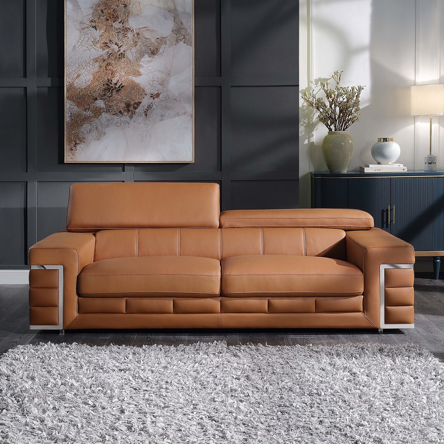 8046 Genuine Leather Sofa & Loveseat with Adjustable Headrest