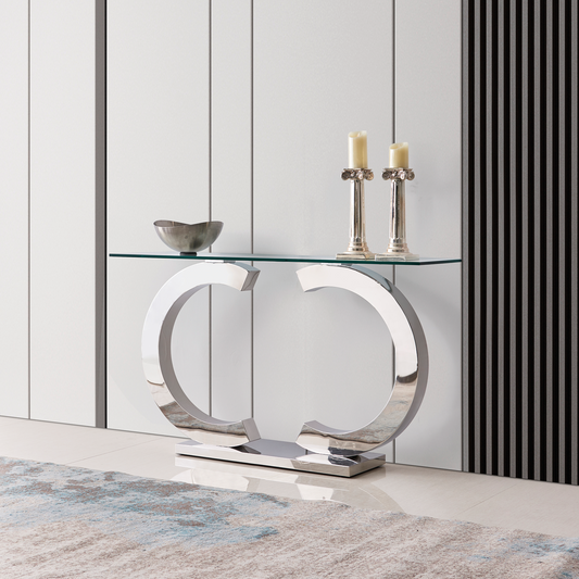 ST313 Modern Console Table with Tempered Glass Top & Stainless Steel Base